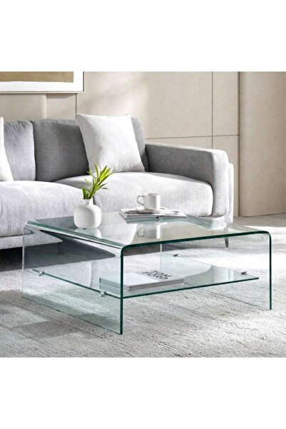 PAN HOME طاولة قهوة لومكس من الزجاج المقسى 12 مم كبيرة ومتوسطة الحجم مع رف - ...