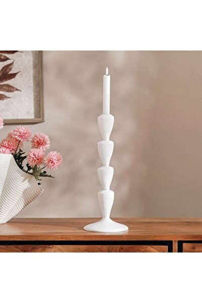 PAN HOME حامل شموع من الراتنج على شكل صدفة من ألتاي 14×14×35.7 سم - أبيض