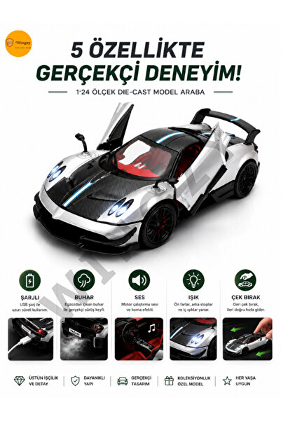 Wingzy Çek Bırak Kutulu 1:24 Işıklı ve Sesli Şarjlı Buhar Atan PGN Model Araba