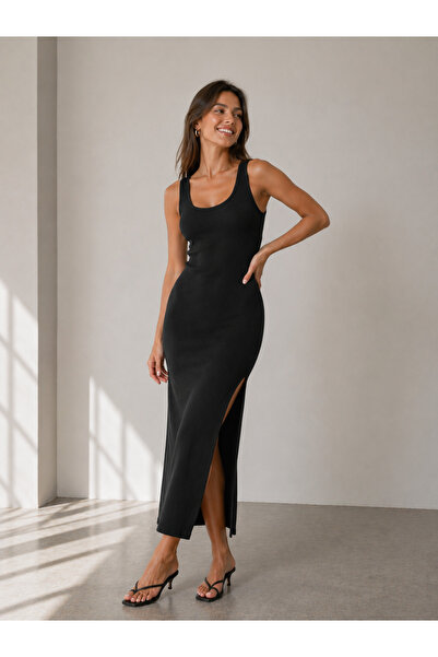 buğlem collection Kadın Premium Kaşkorse U Yaka Yırtmaçlı Bodycon Elbise İç G...