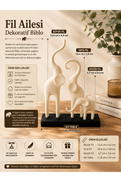 Havalı Tasarım Fil Ailesi Standlı Dekoratif Biblo - 3D ÜRETİM - PLASTİK - HAF...