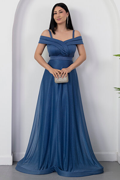 PULLIMM Rochie de seară lungă din tul cu sclipici cu bretele 13278