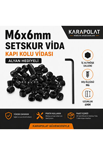KARAPOLAT M6X6MM Setskur Vida 10 Adet Kapı Kolu Vidası Alyan Hediyeli