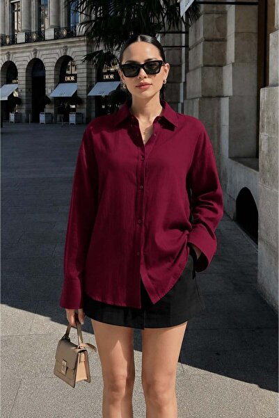 Madmext Bordo Uzun Kollu Oversize Gömlek MG2003