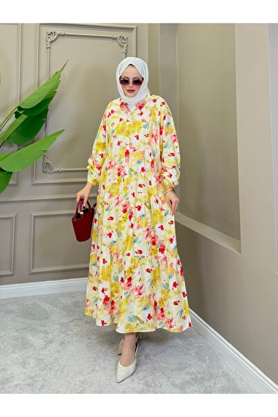 ALLİNOFFİCİAL Orkide Desen Mango Tensel Elbise Sarı