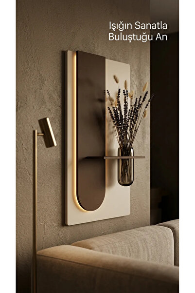 SERENGETI ART OKALİPTUS AHŞAP PİLLİ LEDLİ İSKANDİNAV TARZI SALON DUVAR RAFI M...