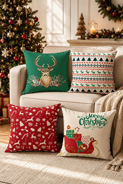 Belle Benoit 4-Piece Double-Sided Digital Printed Christmas New Year Pillow C...