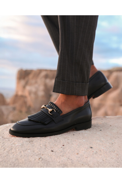 Jengish Hakiki Deri Kösele Taban Loafer Klasik Ayakkabı, Tokalı Klasik Ayakkabı, Loafer Siyah