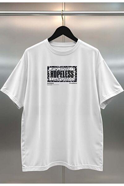 buzagi Hopeless Digital Print Oversize White Unisex T-Shirt