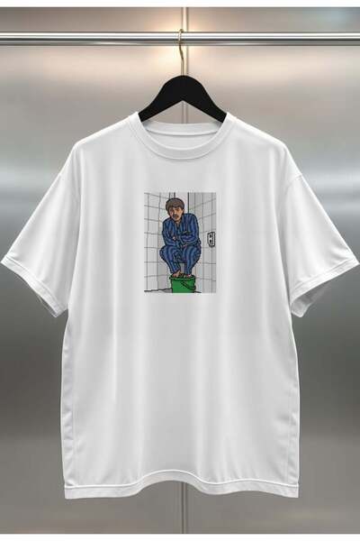 buzagi Yellow Mustache Digital Print Oversize White Unisex T-Shirt