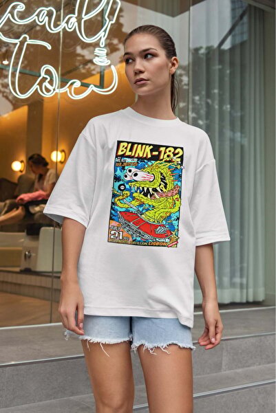 buzagi tasarım ürünleri Blink 182 Oversize Unisex White T-Shirt
