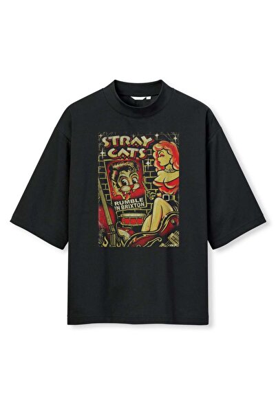 buzagi tasarım ürünleri Stray Digital Print Oversize Black Unisex T-Shirt