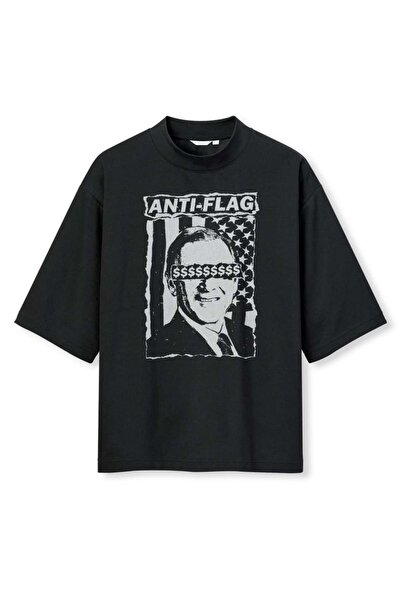 buzagi tasarım ürünleri Anti Flag Digital Print Oversize Black Unisex T-Shirt