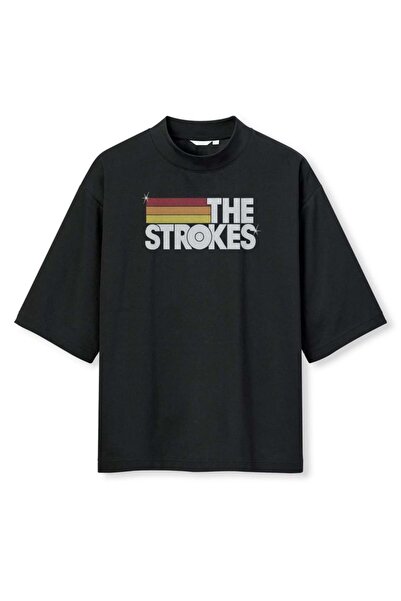buzagi tasarım ürünleri The Strokes Digital Print Oversize Black Unisex T-Shirt