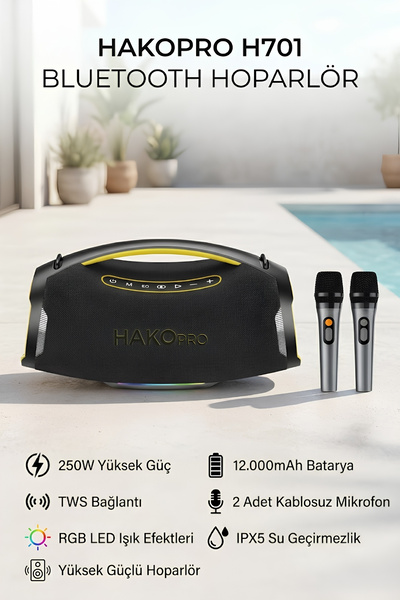 hakopro 250W Ekstra Bass 12000mAh Mikrofonlu Hoparlör ıpx5 H701
