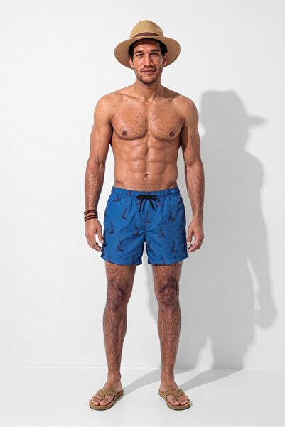 MARKAPIA Men's Sailing Patterned Blue Mesh Swim Shorts with Pockets