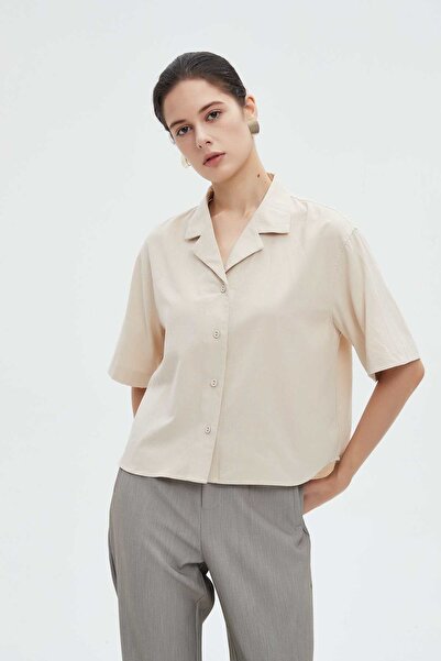 mica Women's Short Sleeve Solid Blouse with Front Button Placket