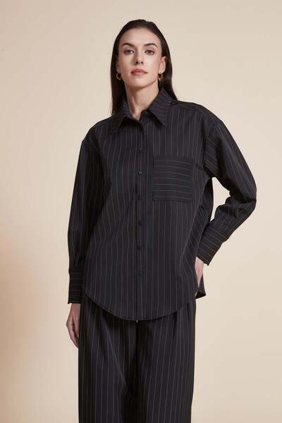 Yola Striped Long-Sleeve Shirt Collar Top