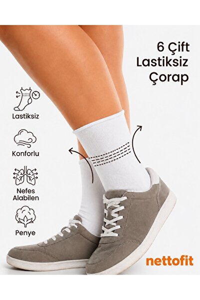 nettofit 6'lı Kadın Lastiksiz Beyaz Soket Çorap Roll Top ve Çorabı
