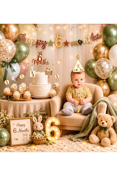 Dizayn Parti Evi DZYN Yeşil Renk Temalı 6 Ay Parti Seti - Happy 6 Months Bann...