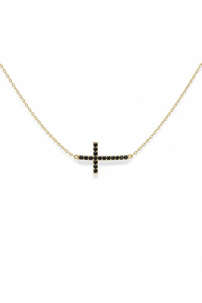 Aur 585 Lănțișor din aur galben 14k cu cruce laterală și pietre cubic zirconi...