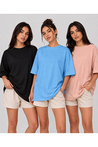 3-Piece Set Oversize 100% Organic Cotton Round Neck Wide Cut T-Shirt