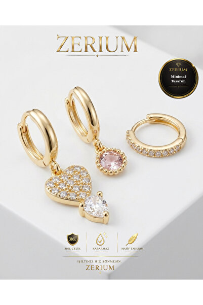 ZERİUM Women's Gold Steel 3-Piece Earring Set with Zircon Stone, Heart and Pi...