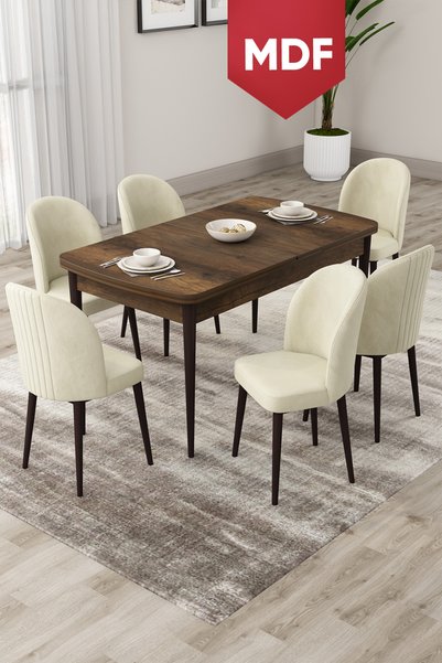 Canisa Roe Serisi Açılabilir MDF 80x132 Barok Ahşap Desen Masa Takımı Ve 6 Kr...