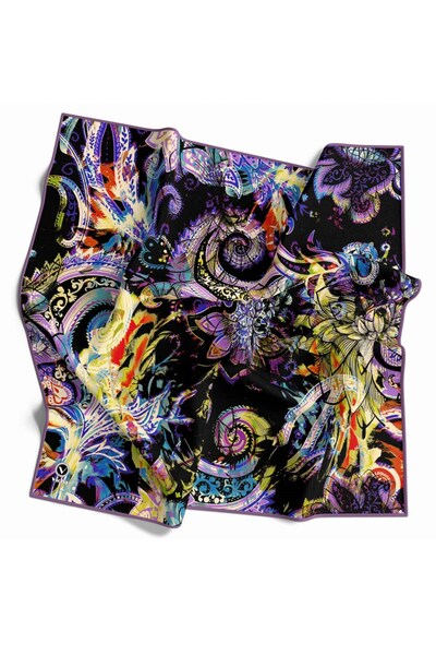 VİOLLA Twill Şal Desenli Lila Renkli 90x90 Eşarp (İpek İçermez) Kenar Dikiş Ş...