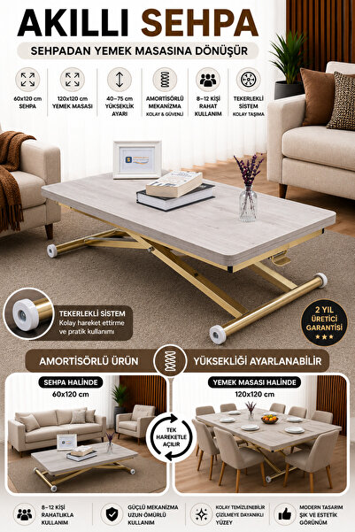 SEHPAM AKILLI Akıllı Sehpa Home Üst Tabla Mdf Alt Mekanizma Gold Kaplama