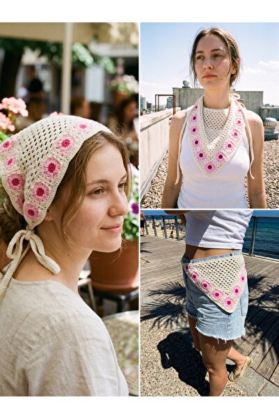 Zizu Kadın Çiçek Motifli Tığ İşi Crochet Bandana Örgü Plaj Saç Aksesuarı Şapka