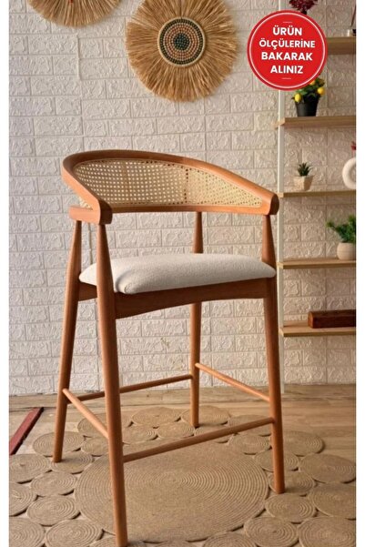 silla Gazel Bar Sandalyesi Teddy Krem Kumaş Hasırlı Naturel Ahşap Ada Sandalye