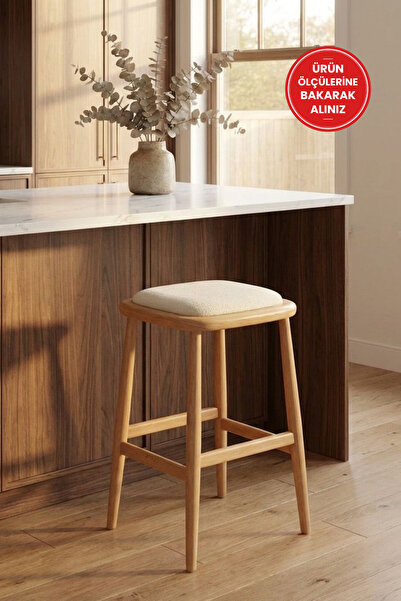 silla Odin Bar Tabure Teddy Krem Kumaş Naturel Ahşap Ada Taburesi