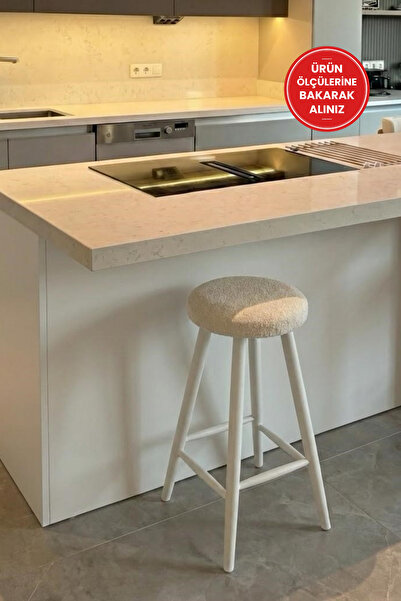 silla Bar Tabure Teddy Krem Kumaş Beyaz Ahşap Ada Taburesi
