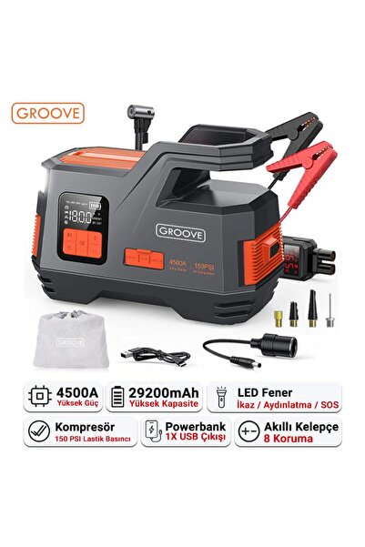 Groove JS006 26800mAh 3000A Akü Takviye Cihazı + Lastik Şişirme Kompresörü Ta...