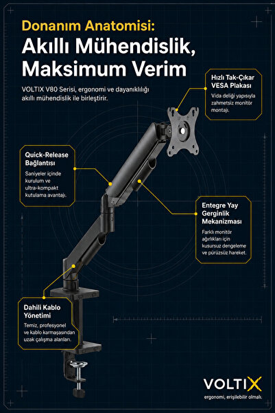 voltix V80 Ergonomik Amortisörlü 17 - 35 inch Monitör Kolu 2 - 9 Kg Monitör Standı 2026 Versiyon