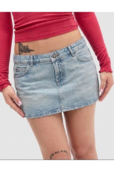 BeHill Açık Mavi Düşük Bel Mini Boy Cepli Kadın Denim Etek