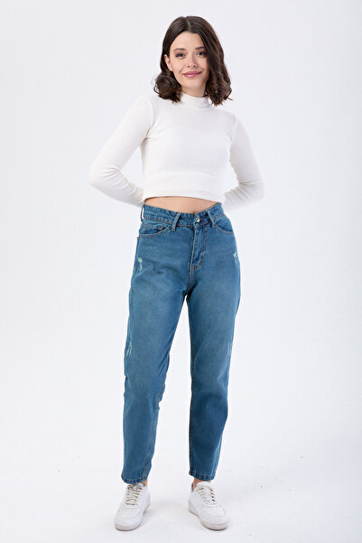 TOFİSA Yüksek Bel Mom Jeans Yeşil Tint Yikama - 23668