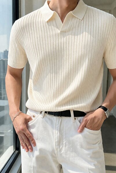 HYMAN Erkek Oversize Fitilli Polo Yaka İnce Triko T-shirt