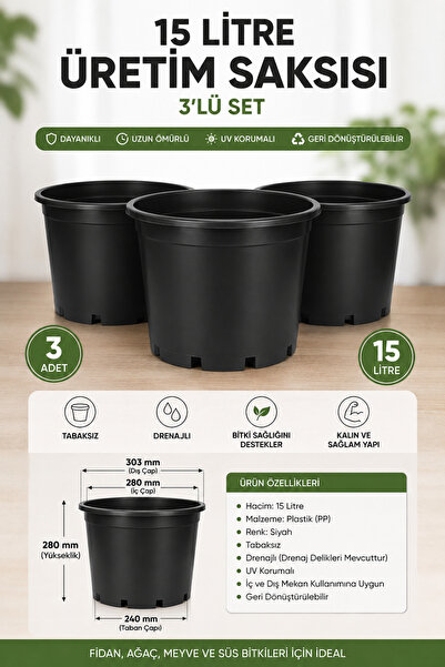 ToXA Adet Üretim Saksısı 15 Litre Drenajlı Tabaksız Plastik Saksı Fide Ağaç Y...