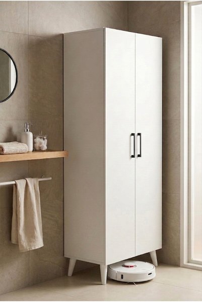 MONTENERO Banyo Dolabı 2 Kapaklı Robot Süpürge Dolabı Ütü Masası Kova Mop Bölmeli Çok Amaçlı Dolap Beyaz 85 Cm