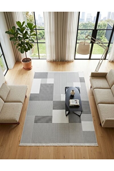 Merinos Vista Beyaz Gri Renk %100 Akrilik Geometrik Desen Yumuşak Dokulu Salo...
