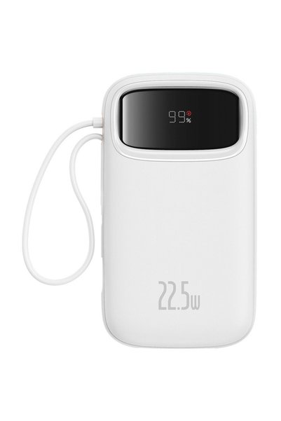 Baseus Baterie externa Qpow2, 10.000 mAh, cablu dual USB-C si Lightning incorporat, Incarcare rapida, 22.5W, Digital Display Alb