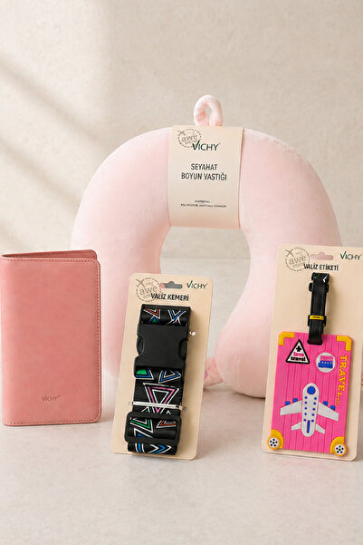 Travel Set Neck Pillow Passport Case Suitcase Belt & Label 4pcs Travel Set PINK