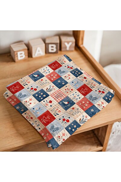 Uykucu Tosbağa Patchwork Çiçekli Müslin Örtü 75x75 cm