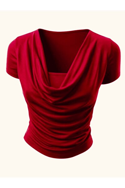 NAVO STUDIO Kadın Degaje Yaka Bluz Slim Fit Drapeli Şık Kısa Kollu Bluz