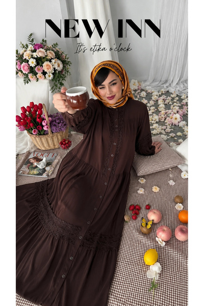 AZRA BUTİK Lavinya Patterned Guipure Dress Brown