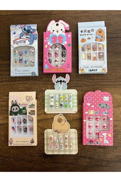 gülümse gel Kız Çocuk Takma Tırnak 7 Paket Kuromi Hello Kitty Kapibara Stiç L...