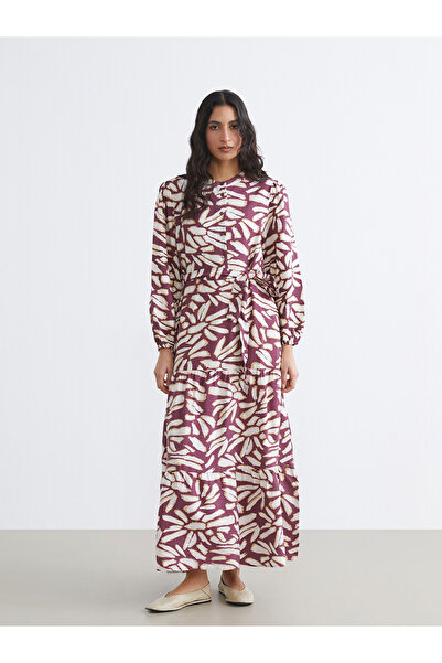 LC Waikiki Peak New Season Hakim Collar Patterned Belted Layered Dress