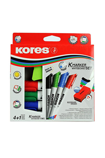 kores Marker pentru tablă albă, set de 4 bucăți, 3mm + Burete magnetic
